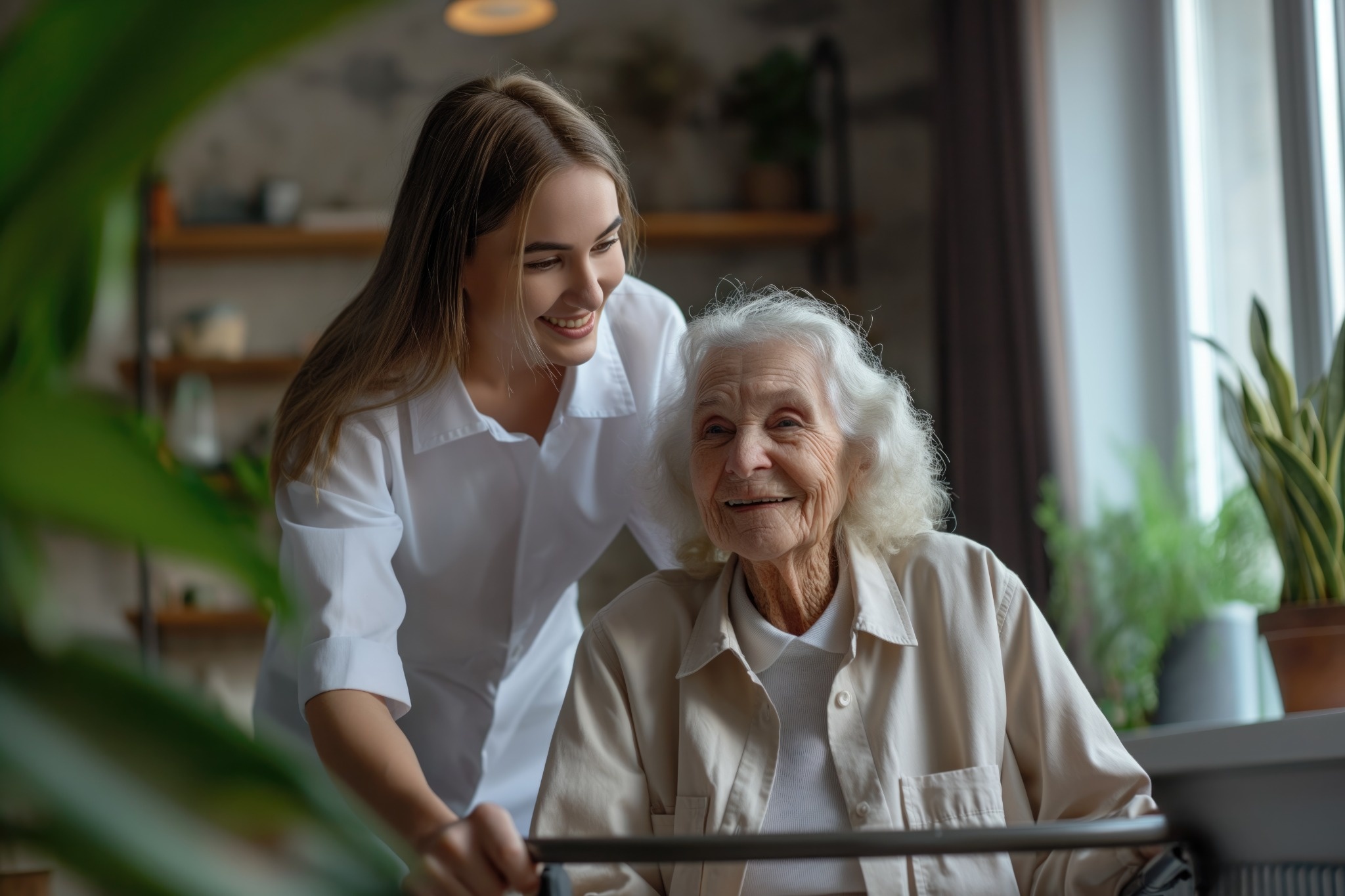 A caregiver supporting an elderly resident at home