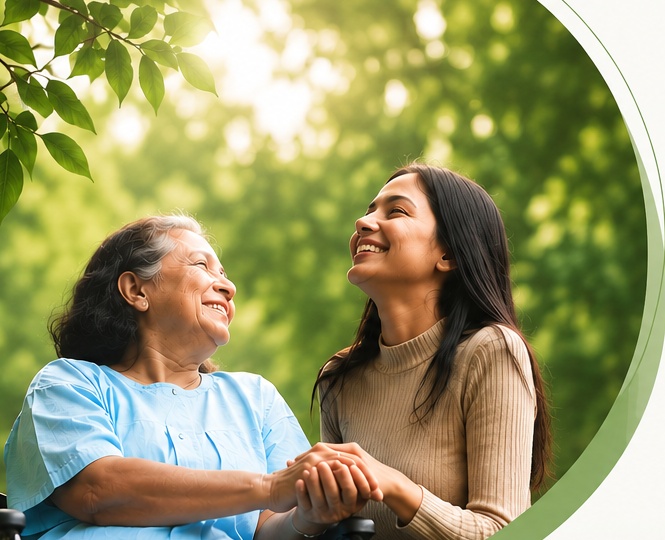 A senior resident sharing a warm moment with a caring companion